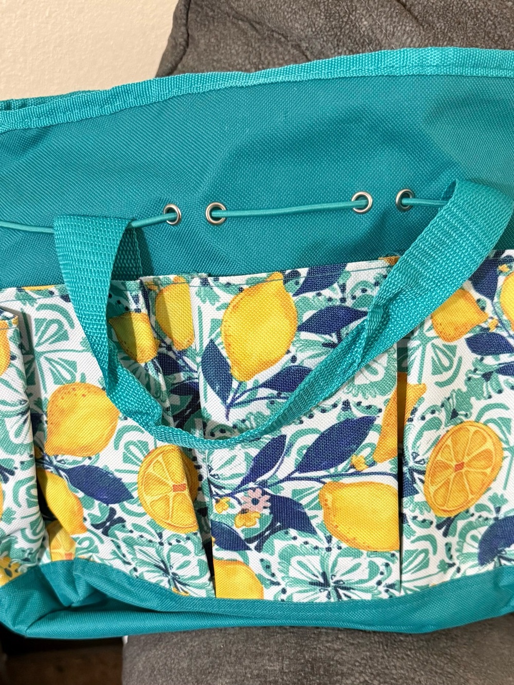 Teal Canvas Lemon Print Tote Bag